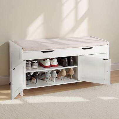 Shoe Bench, 41.3 X 13.8 X 19.8 Inch Entryway Bench With Lift Top Storage And Seat Cushion, 250lbs Shoe Rack With 3 Cabinets And Height Adjustable Shelf, For Bedroom, Hallway, White + Black