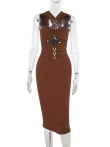 Metallisch einfarbiges, Cut Out Halfterkleid ohne Ärmel und mit freiem Rücken - Braun - Übersicht 1