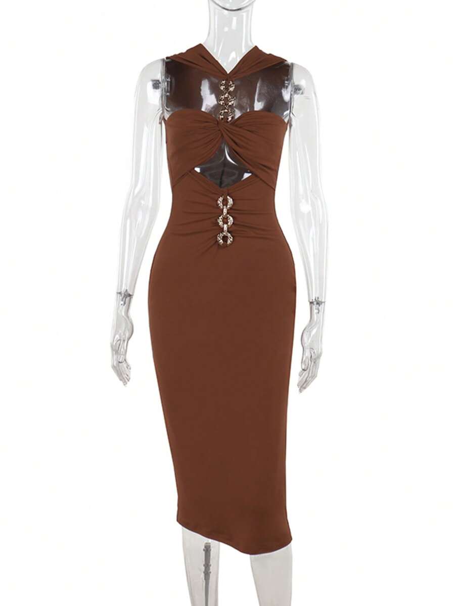 Metallisch einfarbiges, Cut Out Halfterkleid ohne Ärmel und mit freiem Rücken - Braun - Übersicht 1