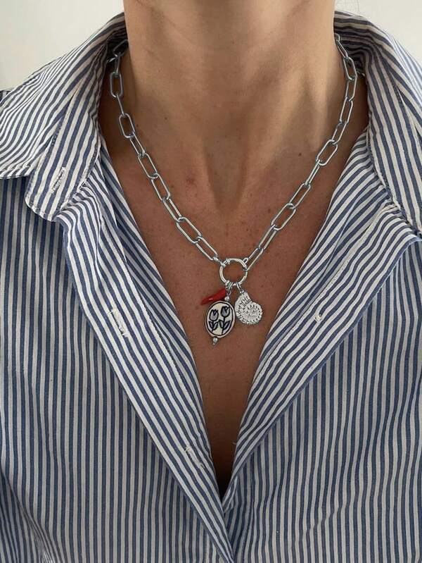 1pc Fashionable & Charming Women's Ceramic Tulip, Vintage Seashell, Chili Pepper Pendant Necklace With Stainless Steel Chain, Suitable For Beach Party, Music Festival, Gala Jewelry Accessory