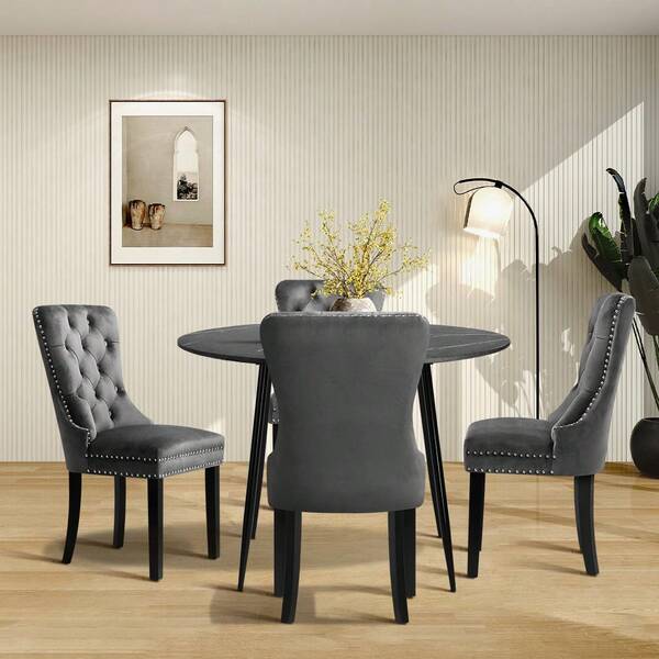 SUN YEE Dining Table Set Of 5, Round Dining Table With Metal Legs, 4PCS Dining Chairs With Padded Seat, Marble Kitchen Table Top, 110x77cm, Velvet Grey