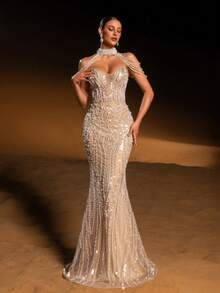 Faeriesty Haute Glamour Elegant Sparkly Mermaid Evening Gown With Sequins And Bead Accents, Delicate Pearl-Chain Straps, Sheer Tulle Fish-Tail Skirt – Perfect For Weddings, Red-Carpet Events, Evening Galas & Award Ceremonies For Women