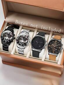 4 件男士时尚休闲商务混合刻度带日历功能圆形表盘石英表组合套装适合日常佩戴或节日送礼 - 彩色 - 查看 7