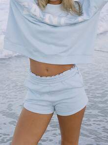 Women Y2k 2 Piece Outfit Sweat Set Loose Fit Casual Letter Embroidered Long Sleeve Sweatshirt Graphic Hoodies And Wide Leg Shorts Set Tracksuit Set Streetwear Preppy Aesthetic Clothes For Beach Vacation - màu xanh nhạt - Xem 2