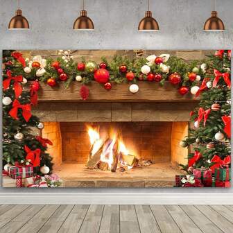 1pc Christmas Background Banner, 82.7*59.1/59.1*39.4/39.4*29.5 Inches Christmas Fireplace Backdrop Suitable For Christmas Party, Photography Background, Wall Sign, Yard Sign, Winter New Year Christmas Eve Christmas Party Decoration