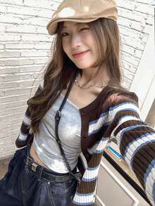 Autumn/Winter Colorblock Striped Knit Cardigan For Women, Fashion Fitted Short Sweater Jacket - Brown - View 5