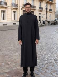 Túnica de oración musulmana de manga larga con cuello mao de unicolor clásico para hombres
