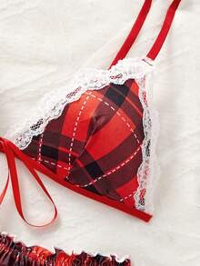 3件套女学生制服角色扮演套装，学院风女生学生装，红色格子，蕾丝拼接，性感内衣套装 - 酒紅色 - 查看 8