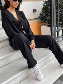 2pcs Women Sports & Casual Knit Cardigan Jacket (Button Style) And Drawstring Pants Set - Black - View 5