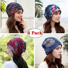4 Pack Vintage Flower Printed Slouchy Beanie Boho Turbans Breathable Skull Cap Warm Beanies Chemo Cap For Women - A - Xem 7