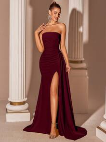 Elisanya Cream Yellow Elegant Strapless High Waist Slit Backless Tie Prom Party Dress - Burgundy - View 7