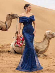 Faeriesty Haute Glamour Luxury Sparkly Beaded Mermaid Evening Gown With Off-Shoulder Crisscross Drape – Wave Beadwork & Fitted Silhouette For High-Fashion Galas & Celebrity Premiere Events For Women