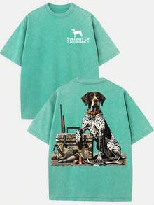 (230g T-Shirt)Retro Hunting Washed Cotton T-Shirt, Straight Up Southern Hunting Dog & Gear Graphic, Loose Casual Crew Neck Short Sleeve Tee - 綠色 - 查看 1
