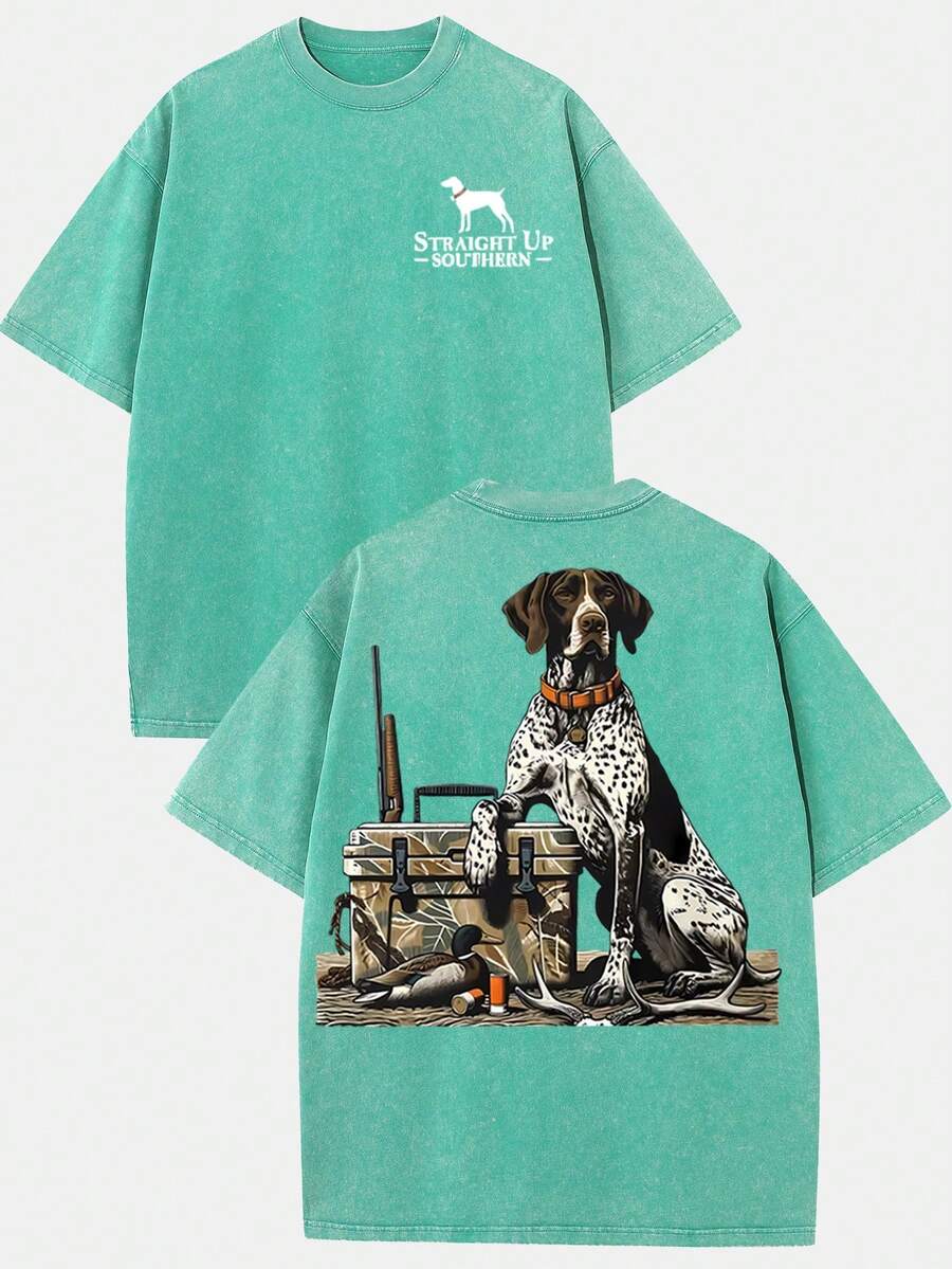 (230g T-Shirt)Retro Hunting Washed Cotton T-Shirt, Straight Up Southern Hunting Dog & Gear Graphic, Loose Casual Crew Neck Short Sleeve Tee - 綠色 - 查看 1