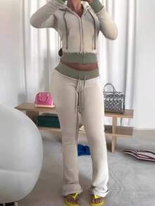 Women's Contrasting Color Waistband Splicing Micro Flared Knitted Sweatshirt, Slim Fit And Fitness Pants, Casual Pants, Sports And Leisure Set, Two-Piece Set - 灰色 - 查看 1