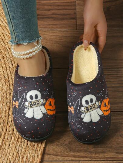 2025 Autumn/Winter Cute & Funny Ghost, Black Cat, Pumpkin Pattern Thermal Lined Slip-On Slippers, Warm & Comfortable Soft Sole, Suitable For Bedroom And Living Room, Halloween, Gift
