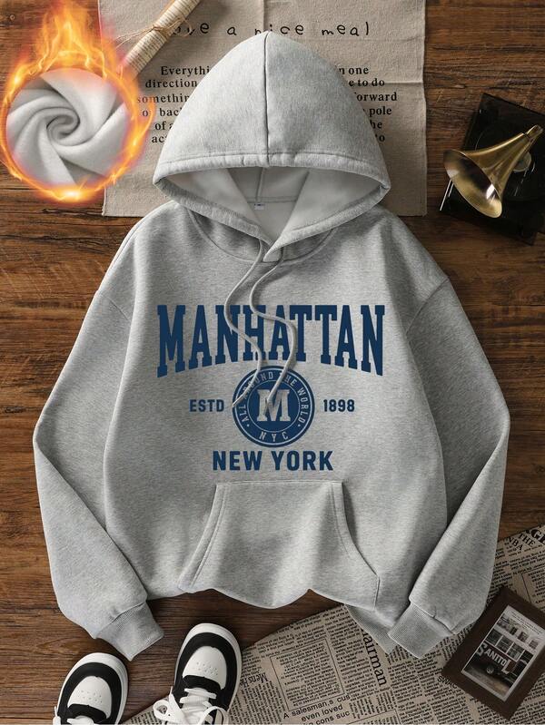 Moletom feminino casual com capuz e estampa de letras azuis, moderno e versátil para uso diário, outono/inverno