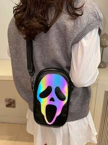 Halloween Ghost Face Print Ladies' Mobile Phone Wallet Laser Ladies' Shoulder Bag Crossbody Bag Ladies' Bag Skull Face Shopping Bag Suitable For Shopping And Taking Photos, Halloween Day Gift Mini Square Bag