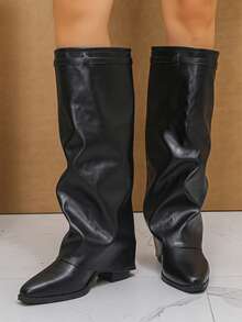 Damen neue koreanische Version Dicke Absatz Weichleder Knie-Stiefel, Mittlerer Absatz Röhrenstiefel, Reitstiefel