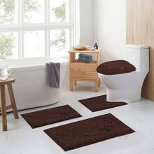 Chenille Bath Rug Set 4 Piece With Toilet Lid Cover And Rug Set Combo, Soft Shaggy Bath Rug Set 3 Piece And U-Shaped Toilet Floor Rug Coffee,18821275 - 巧克力棕 - 查看 2