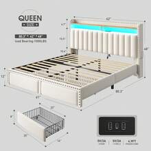 Full/Queen/King Size Bed Frame With 2 Storage Drawers Upholstered Platform Bed Frame With LED Lights, Charging Station And Headboard, Beige - 米色 - 查看 11