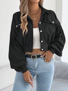 Casual Personalized Street Lantern Sleeve Corduroy Long Sleeve Short Jacket, Spring/Autumn - Black - View 5