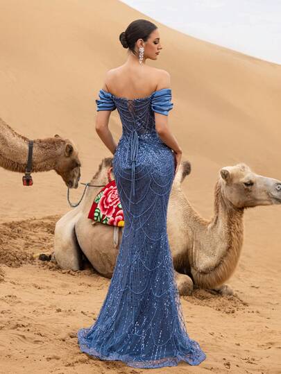 Faeriesty Elegante vestido de noche de sirena con hombros descubiertos y lentejuelas, con cola hasta el piso - Silueta ajustada de trompeta, bordado intrincado en todo el vestido para eventos de alfombra roja, bodas de lujo y galas formales