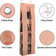 Lirex Over The Door Purse Organizer, Handbag Storage Organizer With 4 Clear Pockets Foldable, Purse Storage, Scarf Storage, Clothing Organizer, Legging Organizer For Hanging Closet Organize, Gray