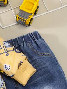 2 件装男婴建筑车辆印花长袖运动衫 T 恤和破洞牛仔裤套装，春季和秋季 - 彩色 - 查看 6