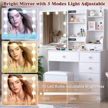 White Dressing Table LED Vanity Stool Set Makeup Desk W/ Mirror 10 Light &Drawer - 白色 - 查看 9