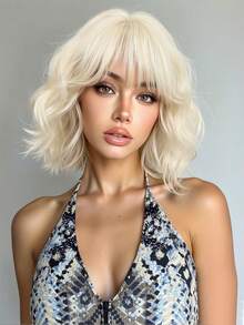 10英寸亚麻金棕色波浪短款耐热合成假发，适合女性日常佩戴、派对和角色扮演。 - 金色 - 查看 4