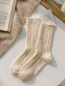 3 Paar Damen Dicke Warme Socken, Einfarbig Dicker Diamant Muster Vielseitige Haus/Innen Socken - Ungeformtes Körbchen - Übersicht 5