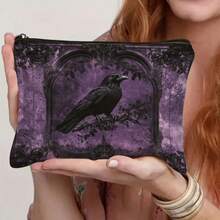 1 pieza, Bolsa de maquillaje con estampado de cuervo gótico de Halloween y cremallera, Bolsa de cosméticos y artículos de tocador de estilo gótico oscuro de la academia, Bolsa reutilizable para medicamentos con tema de terror, Bolsa para lápices y almacenamiento, Bolsa de viaje y maquillaje - Para la escuela, la decoración del hogar de verano, la bolsa de aperitivos, 9 pulgadas * 6 pulgadas