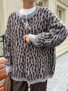 Livesso Leopardmönstrad lapptäckeskofta med stickad tröja för kvinnor, långärmade toppar, höstkläder - Grå - Visa 1