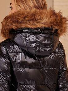 Áo khoác ngắn nữ màu trơn tay dài có khóa kéo, mũ trùm lông bóng, chất liệu lông vũ. - màu đen - Xem 8