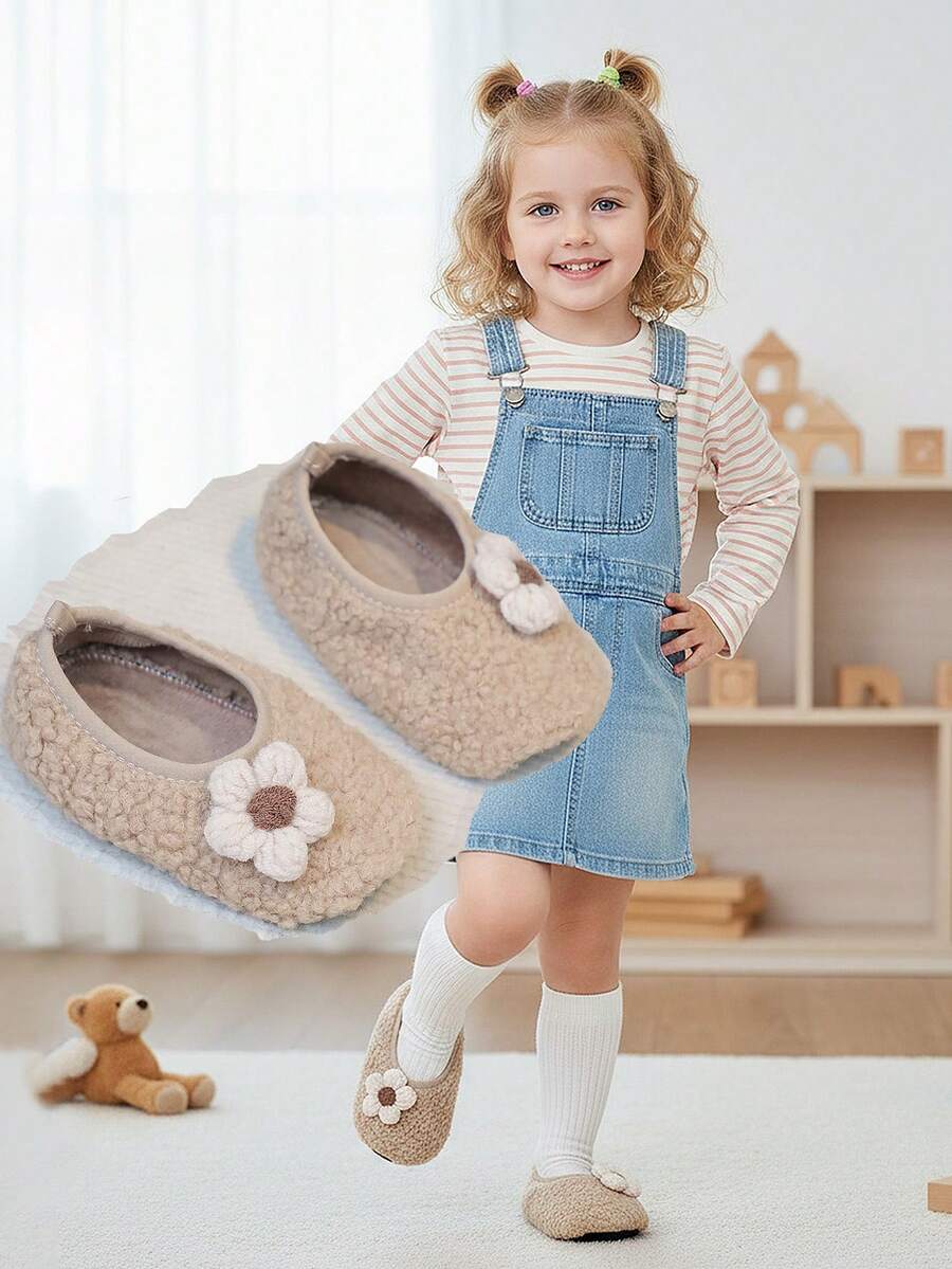 1 双幼儿花卉保暖内衬防滑软底室内拖鞋，温暖舒适，易于穿着和清洁，适合男婴和女婴，理想的节日礼物