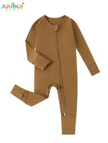Junblebaby - Boys' Bamboo Fiber Solid Color Zippered One-Piece Pant - Double-Zip Design, With Foldable Foot Covers - A Casual And Comfortable Home-Style One-Piece Dress, Suitable For 0-3-Year-Old Babies For Casual Wear. - 棕色 - 查看 2