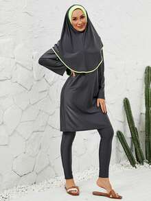 VFJ 3 件套穆斯林女士高腰弹力面料端庄泳衣套装，带霓虹绿饰边，全覆盖 - 深灰色 - 查看 8