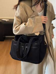 1 pieza Bolso de tela grande y versátil de estilo minimalista y de moda, con múltiples bolsillos prácticos, gran capacidad, adecuado para la escuela, la universidad, el trabajo y el uso casual, bolso de hombro para mujer - Negro - Ver 6