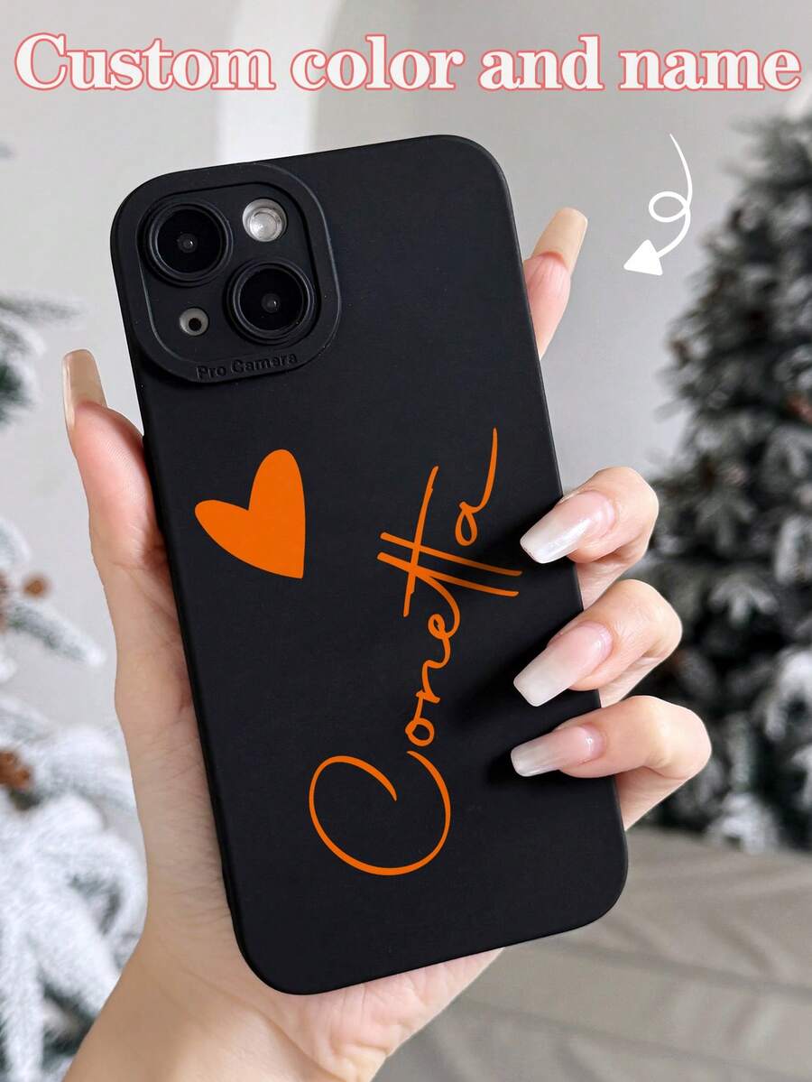 Customized Minimalist Heart-Shaped Name Text Letter Transparent Shockproof Phone Case, Suitable For A13, A14, A15, A16, A33, A34, A35, A52, A53, A54, A55, S20, S21, S22, S23, S24, S25 Ultra Plus, 11, 12, 13, 14, 15, 16 Pro Max