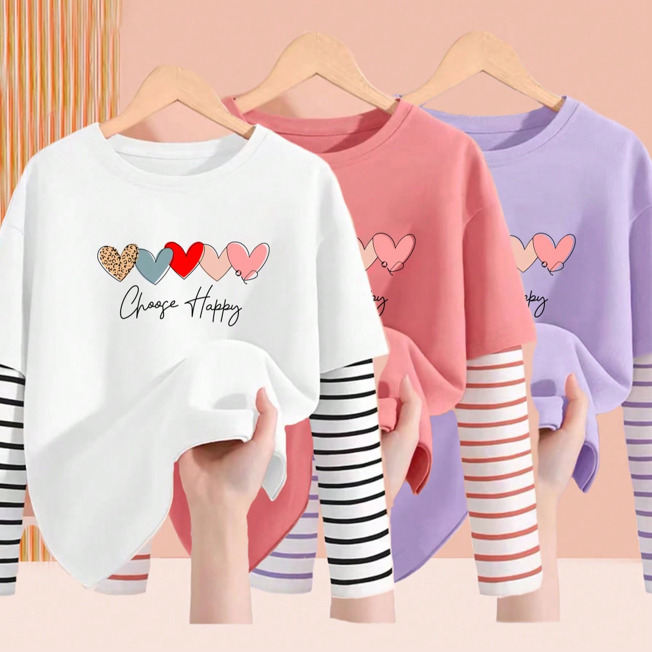 Piezas Camiseta de manga larga linda para niña, camiseta elegante para niños, Top de rayas en contraste 2 en 1