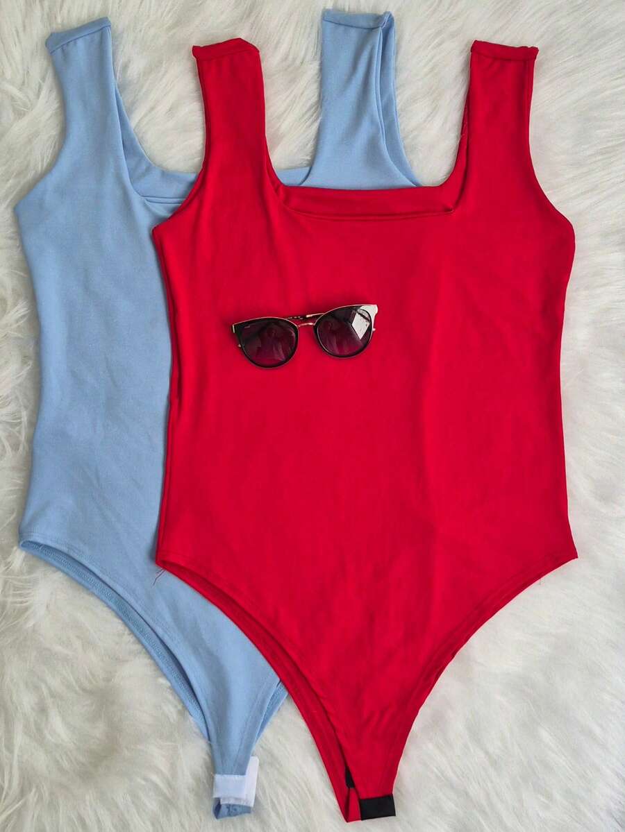 KIT OF 2 PLUS SIZE BODYSUITS IN SUPLEX MESH FOR WOMEN'S FASHION - LIGHT BLUE/RED - View 1