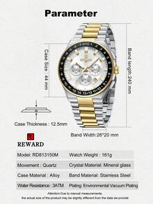Reloj de cuarzo para hombres REWARD, estilo de moda de negocios, calendario de cronometraje, manecillas luminosas, multifuncional, de alta calidad, diseño clásico, correa de acero inoxidable - Multicolor - Ver 6
