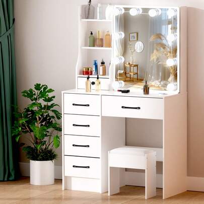 Dressing Table With Drawers Mirror Stool Set Makeup Desk Vanity Table Bedroom- Perfect For Organizing Makeup, Skincare, Elegant Vanity|Decorative Vanity, Vanity Furniture, Compact For Small Space, Bedroom Decor Gift , Suitable For Christmas And Halloween Decorations