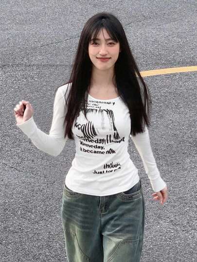 Women's Solid Color Letter Print Round Neck Long Sleeve Slim Fit Casual T-Shirt, Spring/Summer/Autumn