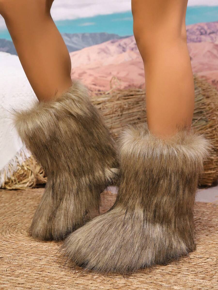 女士秋冬新款现代人造毛皮靴，厚底保暖蓬松毛茸茸卡其色雪地靴，毛茸茸的衬里保暖防滑一推式橡胶平底户外中筒靴 - 卡其色 - 查看 1