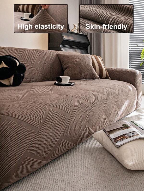 1pc Jacquard Solid Color Stretch Full Coverage Sofa Cover, Minimalist Style Pet-Friendly Anti-Slip Anti-Dirty Anti-Scratch, Suitable For All Seasons, Machine Washable, Holiday & Home Decor Sofa Protector