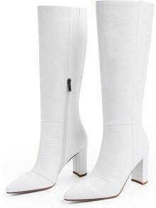 Women's Knee High Riding Boots - Tall, Long Calf High GoGo Chunky Faux Boots - Block Heel Pointed Toe - Size 6-11, Fashionable, 2025 Style - White - View 8