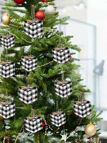 12 piezas Nuevos adornos de árbol de Navidad Miniaturas de regalos para manualidades a cuadros búfalo Caja miniatura Adornos Pequeños regalos envueltos colgantes para decoración de fiesta de Navidad, decoración de habitación