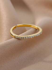 Anel ajustável de luxo em aço inoxidável com zircônias coloridas (1 peça), modelo arco-íris, banhado a ouro 18K e resistente ao desbotamento. Ideal para férias, casamentos, festas, uso diário, aniversários e outras ocasiões. - anel de aço inoxidável - Ver 15